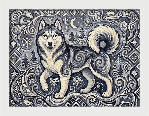 Siberian Husky In Folk Art Style