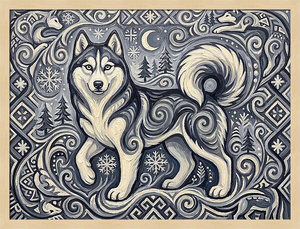 Siberian Husky In Folk Art Style