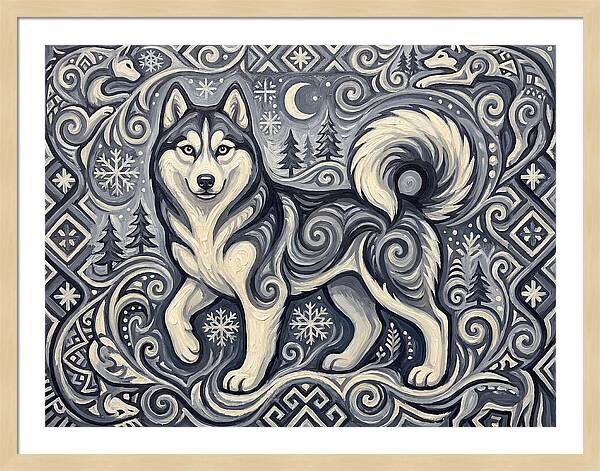 Siberian Husky In Folk Art Style