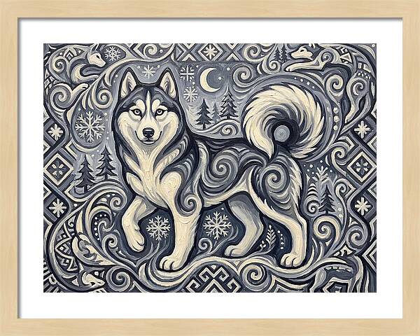 Siberian Husky In Folk Art Style