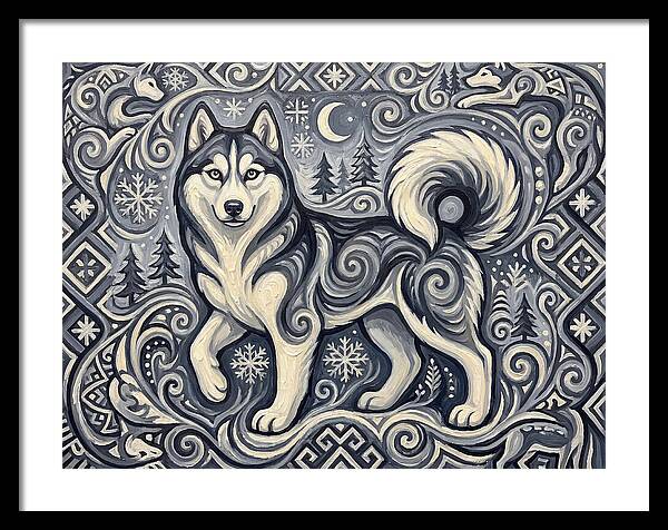 Siberian Husky In Folk Art Style