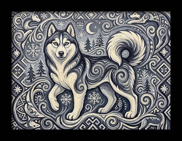 Siberian Husky In Folk Art Style
