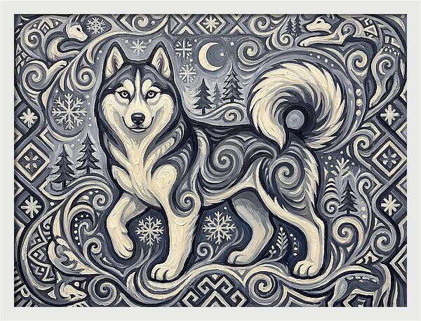 Siberian Husky In Folk Art Style