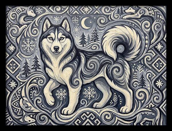 Siberian Husky In Folk Art Style
