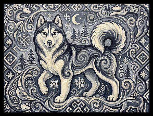 Siberian Husky In Folk Art Style
