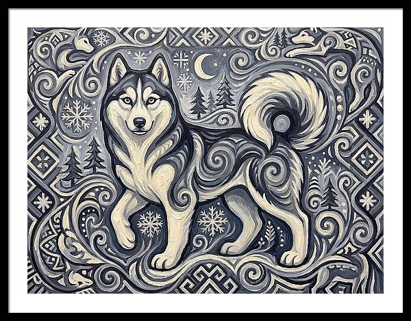 Siberian Husky In Folk Art Style