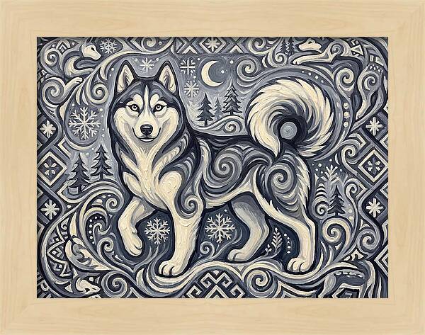 Siberian Husky In Folk Art Style