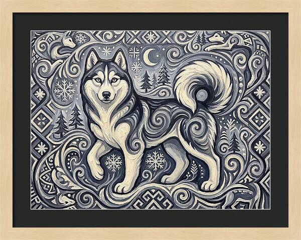 Siberian Husky In Folk Art Style