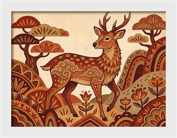 Sika Deer In Folk Art Style
