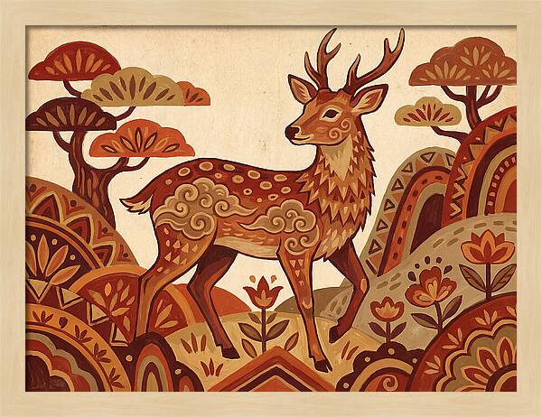 Sika Deer In Folk Art Style