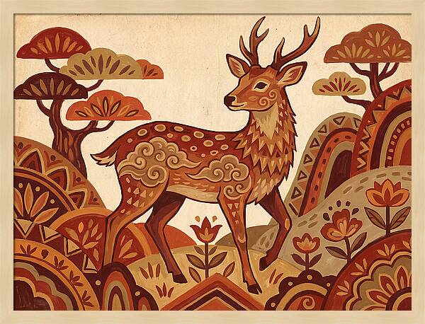 Sika Deer In Folk Art Style