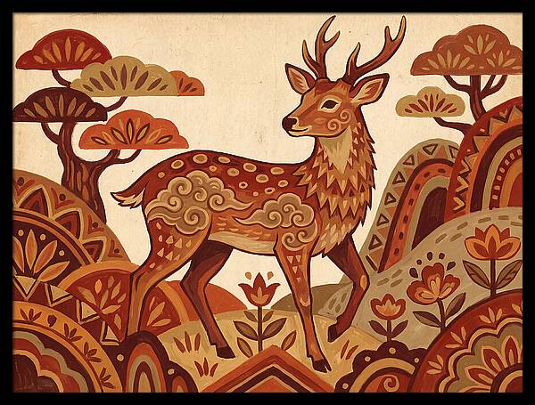 Sika Deer In Folk Art Style