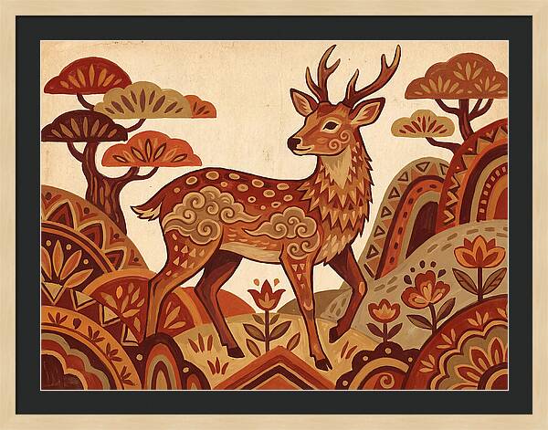 Sika Deer In Folk Art Style