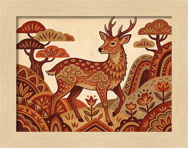 Sika Deer In Folk Art Style