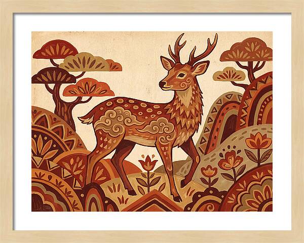 Sika Deer In Folk Art Style
