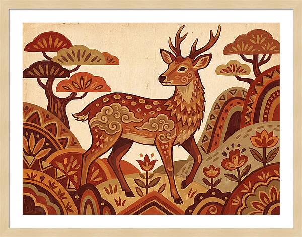 Sika Deer In Folk Art Style