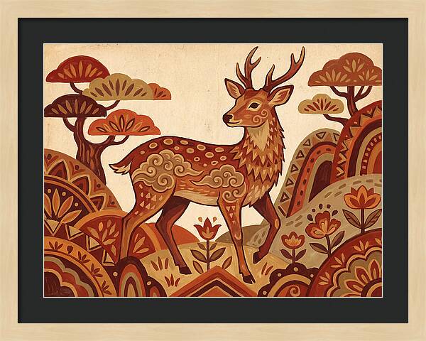 Sika Deer In Folk Art Style