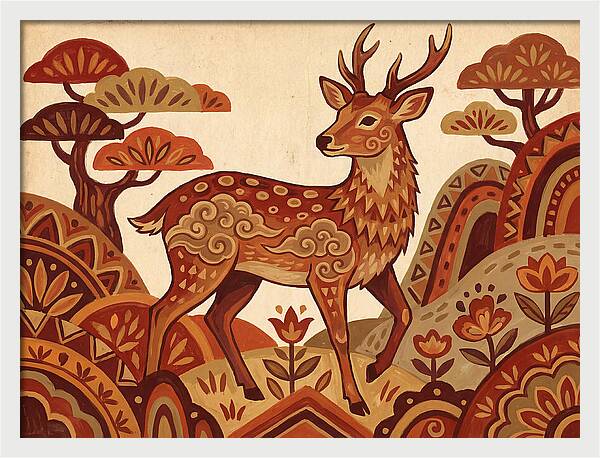 Sika Deer In Folk Art Style