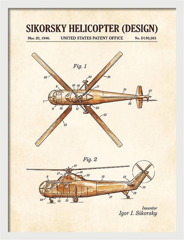 Sikorsky Helicopter Design Watercolor Patent Usd150263