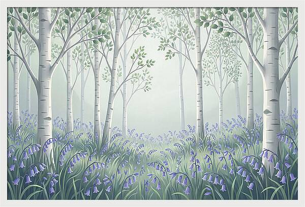 Silver Birch Woodland With Bluebells