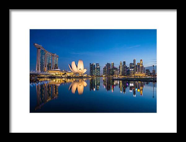 Singapore Skyline Reflected At Blue Hour