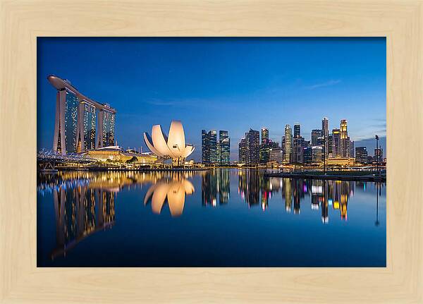 Singapore Skyline Reflected At Blue Hour