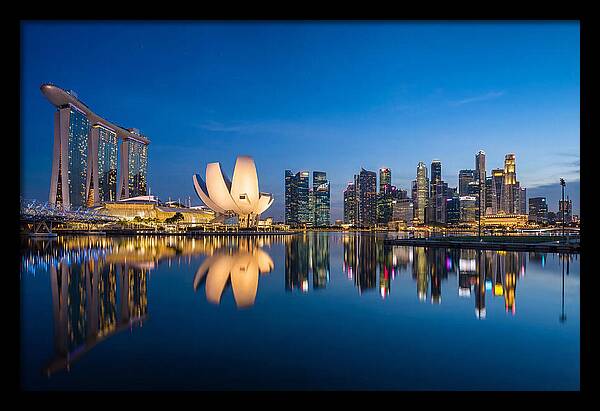 Singapore Skyline Reflected At Blue Hour