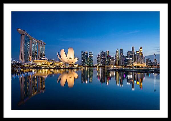 Singapore Skyline Reflected At Blue Hour