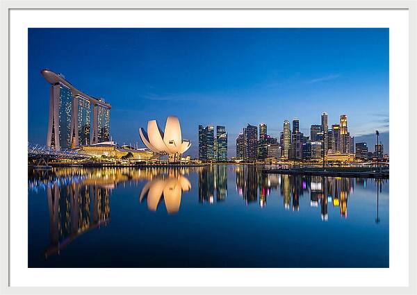 Singapore Skyline Reflected At Blue Hour