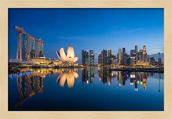 Singapore Skyline Reflected At Blue Hour
