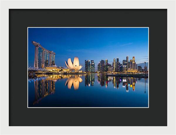 Singapore Skyline Reflected At Blue Hour