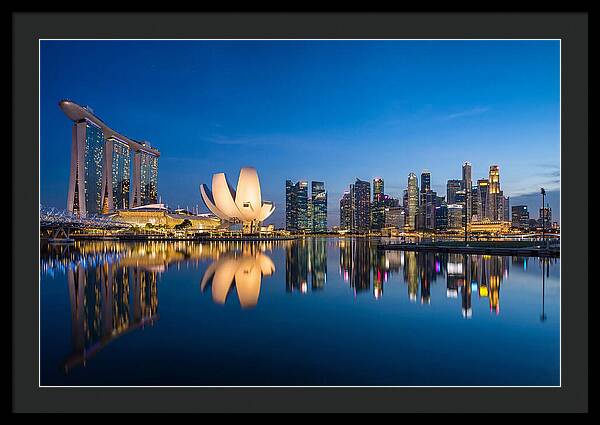 Singapore Skyline Reflected At Blue Hour