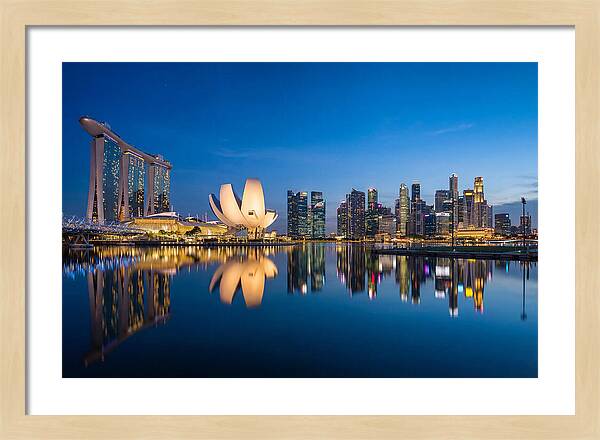 Singapore Skyline Reflected At Blue Hour