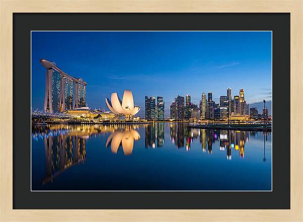Singapore Skyline Reflected At Blue Hour