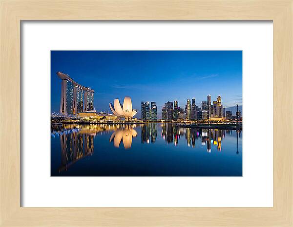 Singapore Skyline Reflected At Blue Hour