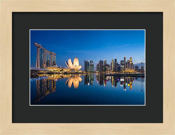 Singapore Skyline Reflected At Blue Hour