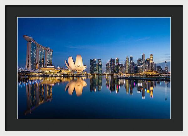 Singapore Skyline Reflected At Blue Hour