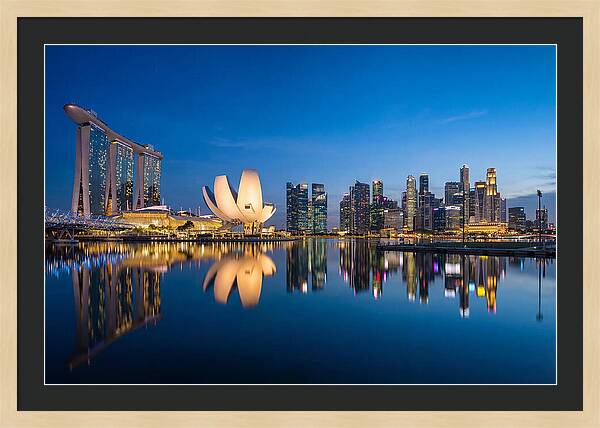 Singapore Skyline Reflected At Blue Hour