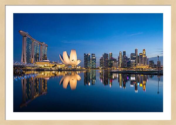 Singapore Skyline Reflected At Blue Hour