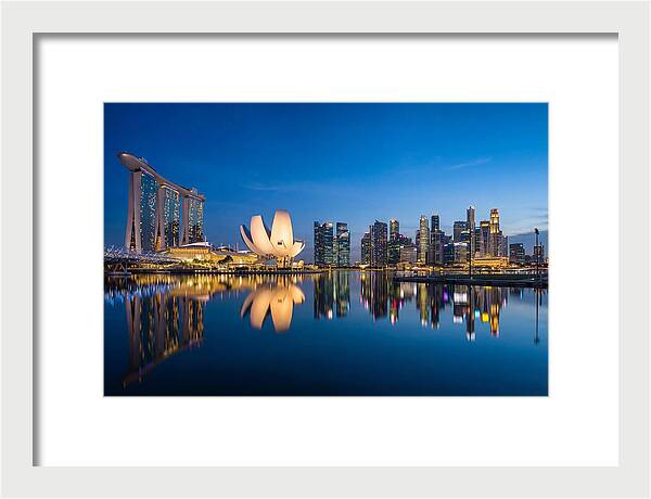 Singapore Skyline Reflected At Blue Hour