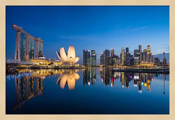 Singapore Skyline Reflected At Blue Hour