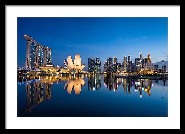 Singapore Skyline Reflected At Blue Hour