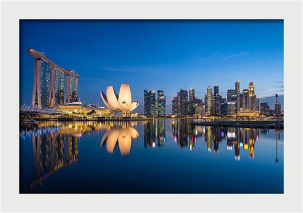 Singapore Skyline Reflected At Blue Hour