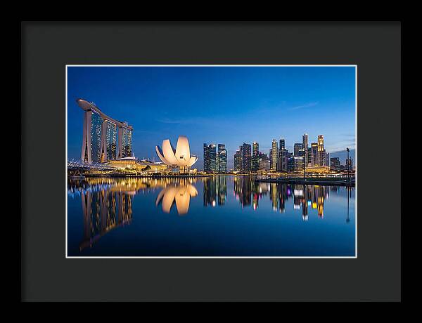 Singapore Skyline Reflected At Blue Hour