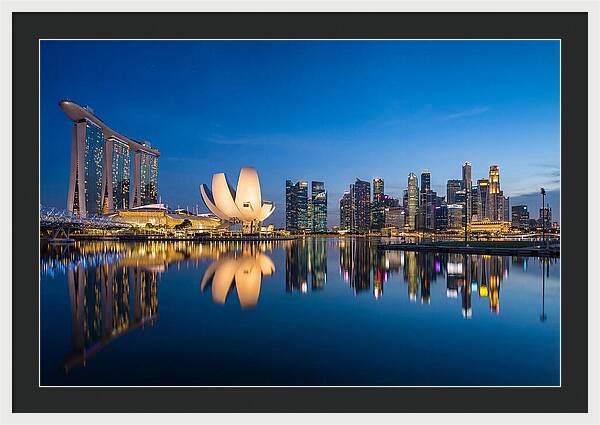 Singapore Skyline Reflected At Blue Hour