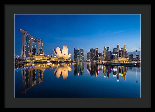 Singapore Skyline Reflected At Blue Hour