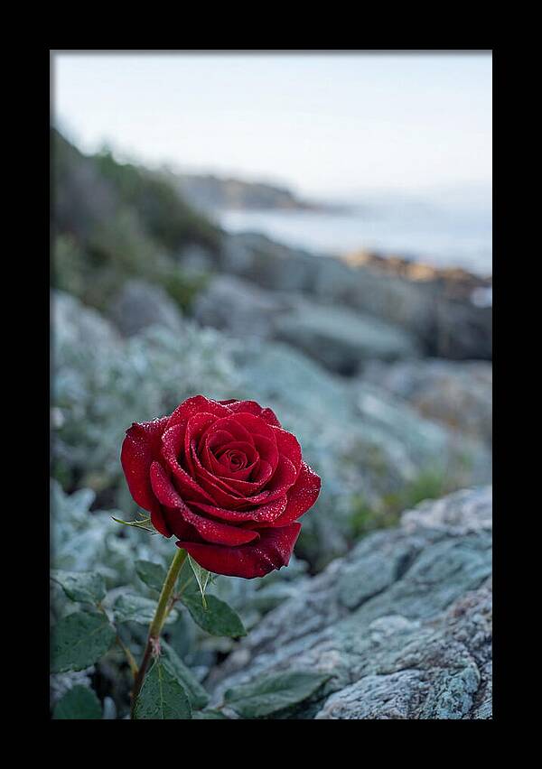 Single Red Rose With Dewy Petals