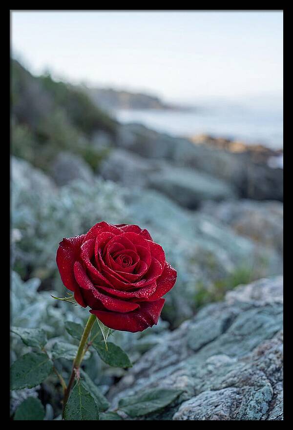 Single Red Rose With Dewy Petals