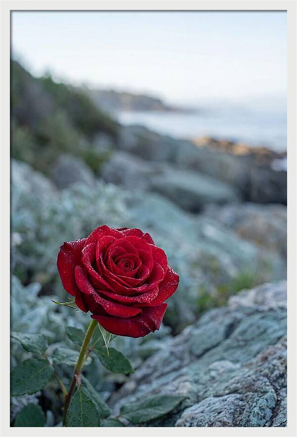 Single Red Rose With Dewy Petals
