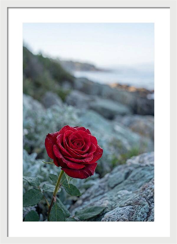 Single Red Rose With Dewy Petals